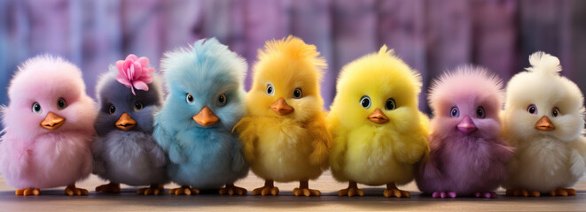 Row of multicolored chicks on a dreamy background, embodying the playful spirit of Easter.