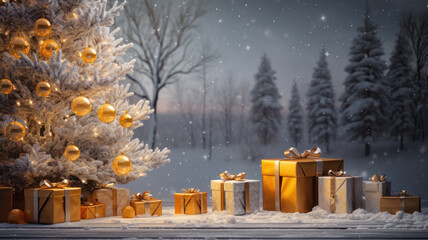 Christmas Tree and Presents on Rustic Wooden Background