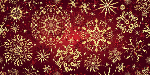 Vector red gradient hand drawn Christmas seamless pattern with golden snowflakes and stars