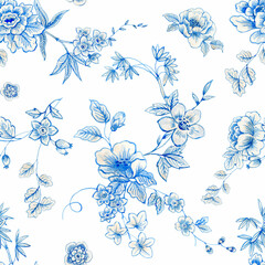 Beautiful floral seamless pattern with hand drawn watercolor wild blue and white herbs and flowers. Stock illustration.