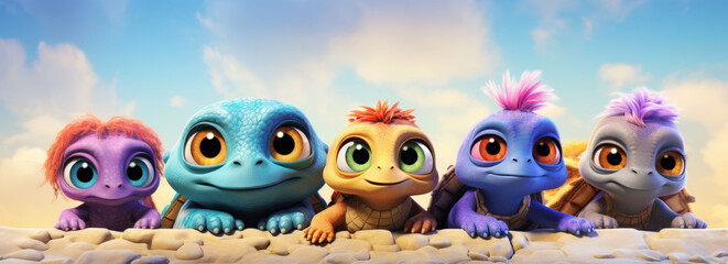Group of colorful turtles with a sunny sky backdrop, a delightful scene for animation and storytelling