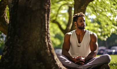 Tranquil Escape: Young Man Meditates Under a Tree in the Park