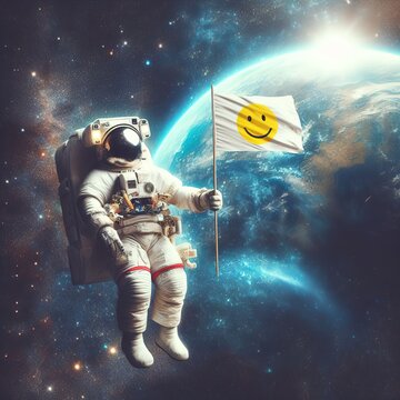 Astronaut Holding Flag With Emoji In Front Of Earth In Space