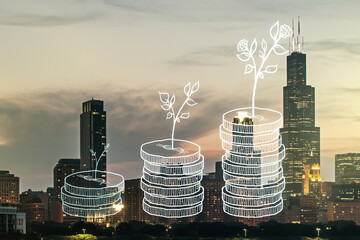 Virtual cash savings illustration on Chicago skyline background. Retirement savings and capital increase concept. Multiexposure
