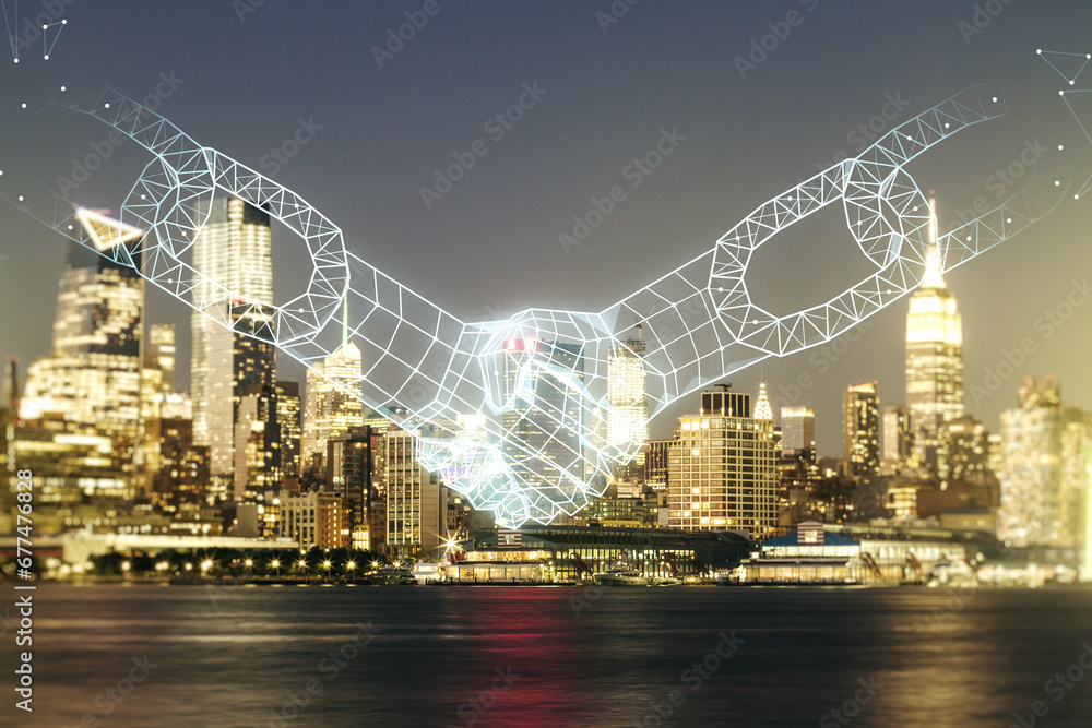 Poster abstract virtual block chain technology hologram with handshake on new york cityscape background, cr