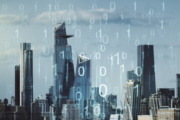 Abstract virtual binary code illustration on New York city skyline background. Big data and coding concept. Multiexposure