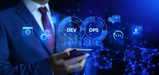 DevOps Dev Ops software development. Business Technology Automation Process Concept