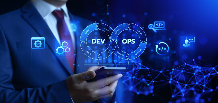 DevOps Dev Ops software development. Business Technology Automation Process Concept
