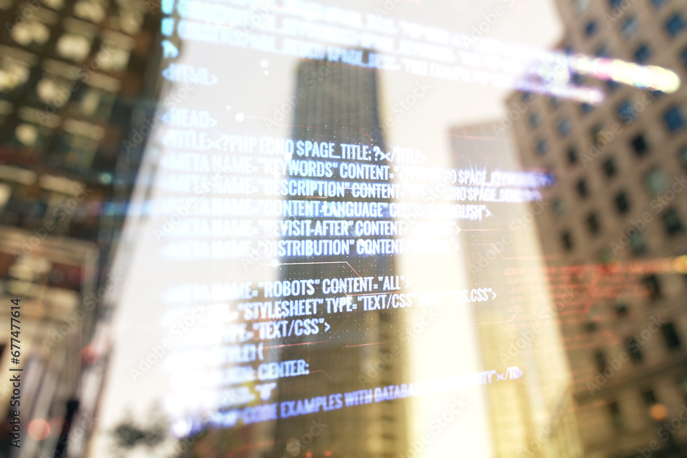 Aufkleber double exposure of abstract programming language interface on modern skyscrapers background, researc