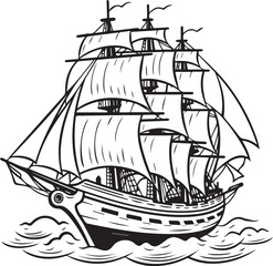 Ship on a sea line art coloring page design