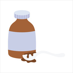 vector cute medicated syrup, cough syrup / brown color bottle with liquid, amber glass, measuring cup / poured into a spoon / cartoon, flat style, long shadow design, icon template