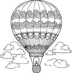 Hot air balloon in the sky line art coloring page design