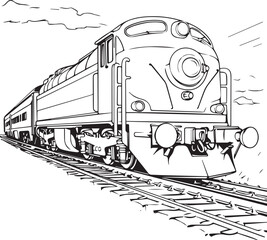 Train on the railway line art coloring page design