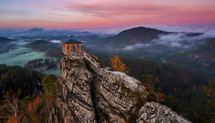 Jetrichovice, Czech Republic - Aerial panoramic view of Mariina Vyhlidka (Mary's view) lookout with...