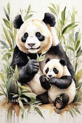 Panda eating bamboo, Two adorable watercolor pandas enjoying their meal, Generative Ai