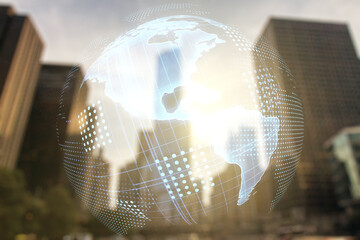 Digital map of North America hologram on modern architecture background, global technology concept. Multiexposure