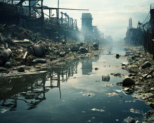 Garbage filled water ways and streets due to manmade pollution in an abandoned city - obrazy, fototapety, plakaty