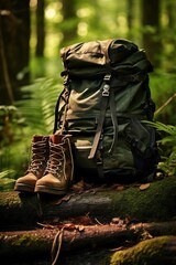 Fototapeta premium Hiking boots and backpack in the forest. Travel and adventure concept