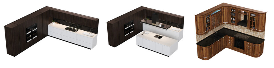 modern kitchen isolated on transparent background, home furniture, 3D illustration, cg render
