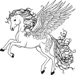 Cute Horse with Wings  lineart, coloring page,  sketch, vector, 