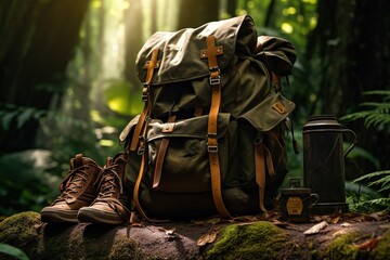 Fototapeta premium Hiking boots and backpack in the forest. Travel and adventure concept
