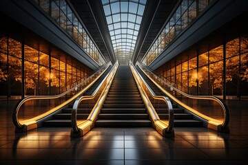 Escalator in modern shopping mall. Modern luxury escalators with stairs at the airport - obrazy, fototapety, plakaty