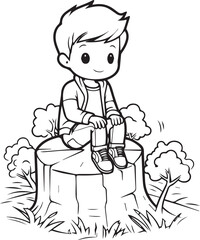 A Boy Sitting on the cutting wooden tree  line art coloring page design