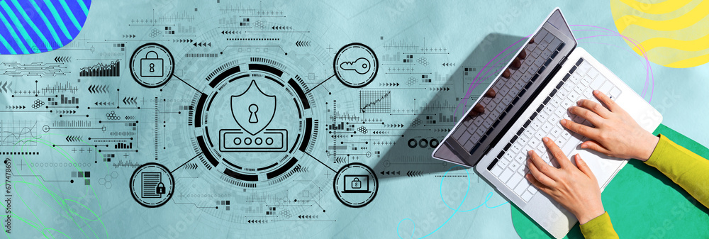 Poster cyber security theme with person using a laptop computer