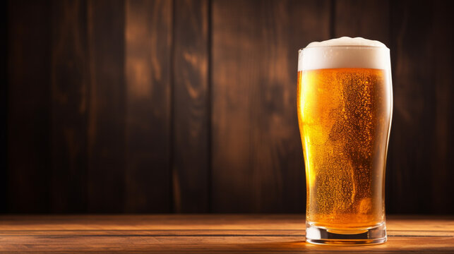 Glass of beer on a wooden background with copy space for text.