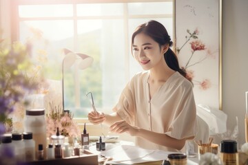 Young Asian business owner works and sells cosmetics online and prepares packaging for customer orders
