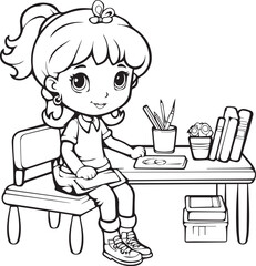 Cute Student  Girl Line art coloring page design