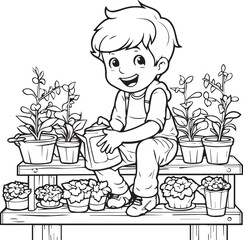 A Cute Boy with Plant Coloring Page Design