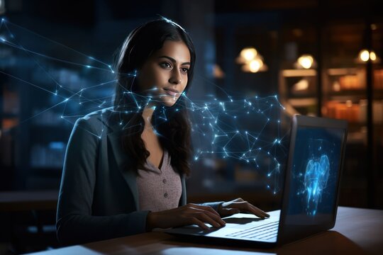 processing data over a woman using a laptop. AI-generated global computing, connectivity, communication,