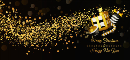 Gold gift box with golden bokeh and concept christmas background.Vector illustration
