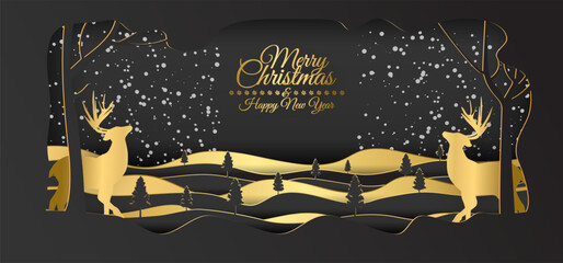 Paper cut style concept merry christmas and happ new year with golden reindeer and pine tree.Vector illustration.