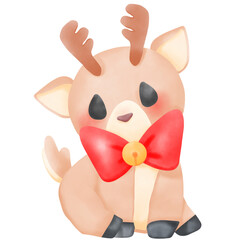 A reindeer wearing a red bow sits with its head tilted.  watercolor illustration