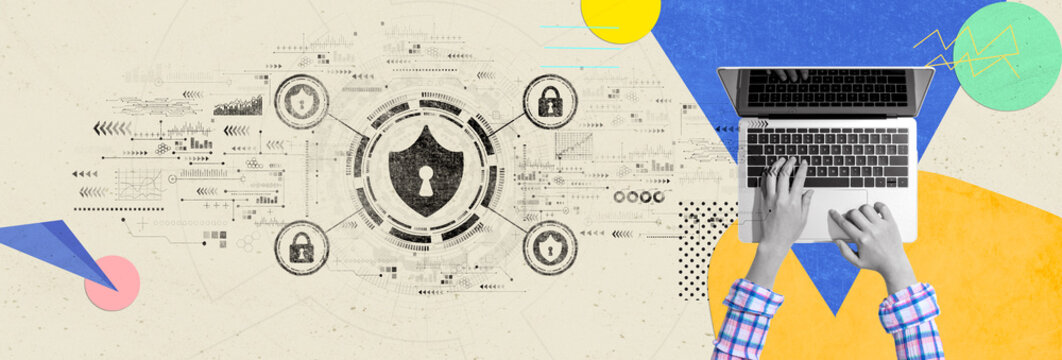 Cyber security theme with person using a laptop computer - Photo collage design