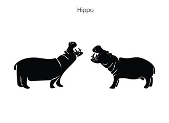 Two hippos fighting, Hippo silhouette, Hippo Vector illustration, Hippopotamus isolated on white background