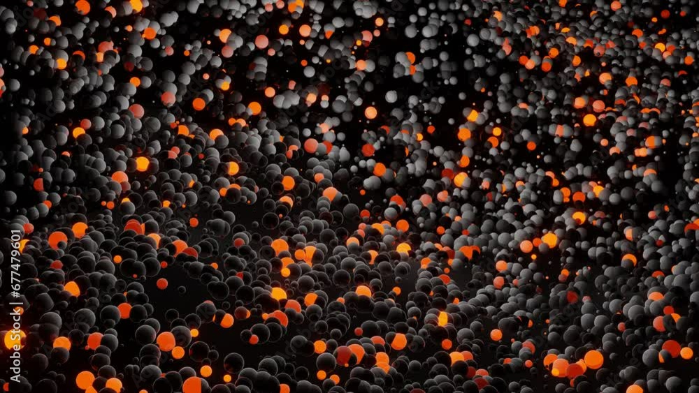 Poster many different spheres flash red-orange and move. looped computer animation. 3d render