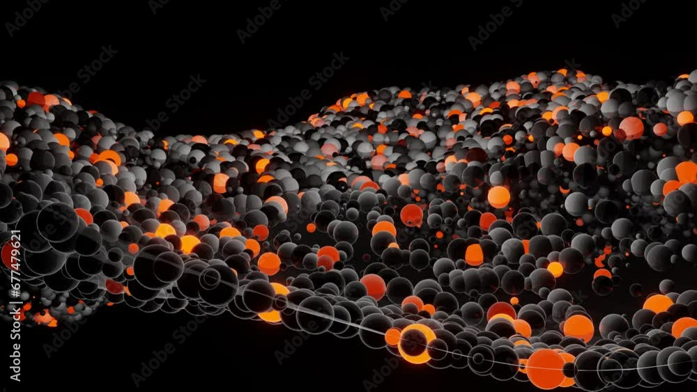 Poster many different spheres flash red-orange and move. looped computer animation. 3d render