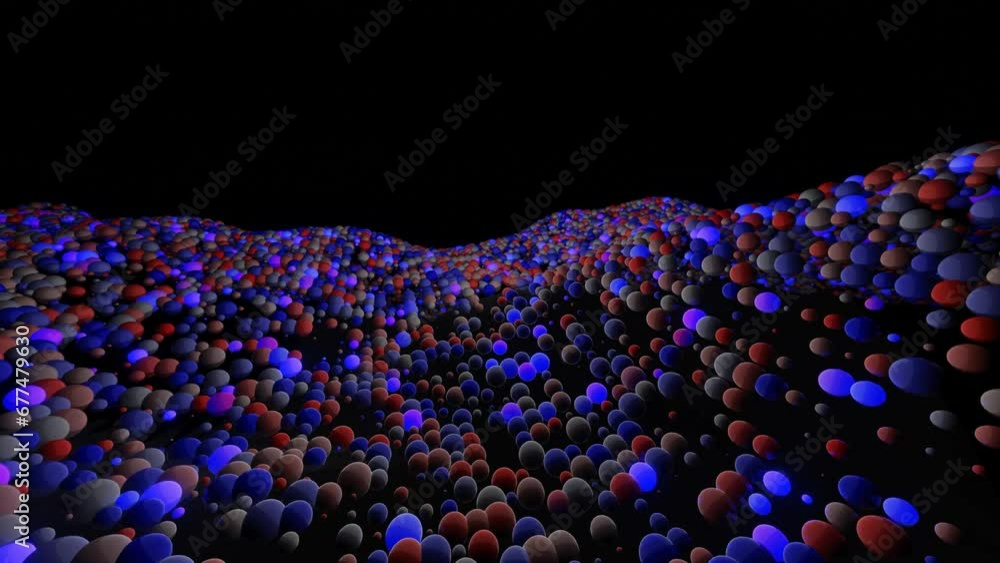 Poster many different spheres flash blue-violet light and move. looped computer animation. 3d render