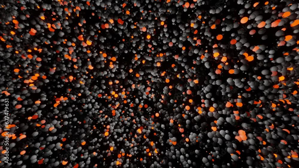 Poster many different spheres flash red-orange and move. looped computer animation. 3d render