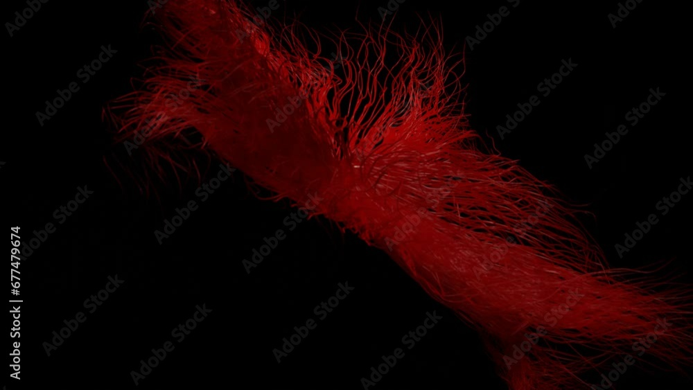 Poster red abstract hairy figure blinks and moves on a black background. looped computer animation. 3d rend
