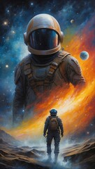 An Oil Painting astronaut in space, a mysteriously adventurous galactic nomad captivates the viewer's attention with his enigmatic presence. Generative AI