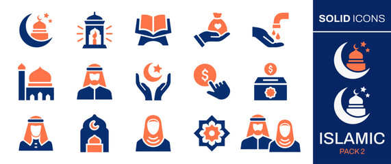 Islamic icon set. Collection of mosque, dome, carpet, man, woman, arabic , family and more. Vector illustration. Easily changes to any color.