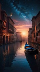  an ethereal galactic gondola floats amidst a dimly lit abstract neo-noir backdrop. Captured in a stunning photograph, this main subject captures attention. Generative AI
