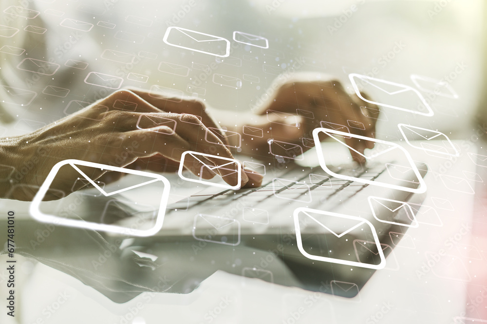 Poster creative abstract postal envelopes sketch with hands typing on computer keyboard on background, e-ma
