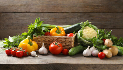 Different fresh vegetables on wooden table