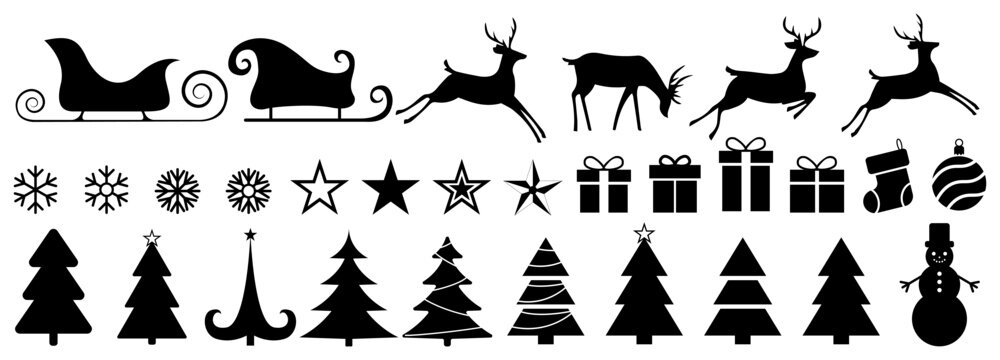 Christmas vector set of black color icons on isolated background. Christmas icons of trees, deer, stars, gifts, and so on for your design. Vector illustration EPS 10