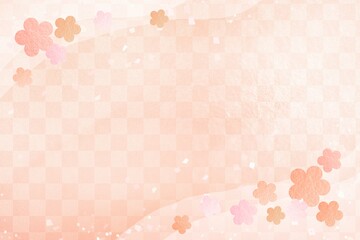 和風オレンジの市松模様と梅の花の背景 年賀状 新年 ひな祭り - obrazy, fototapety, plakaty
